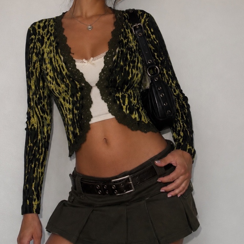 Dolcetti Silk Blend Lime Green Animal Print Lace Trim Cropped Cardigan XL gg